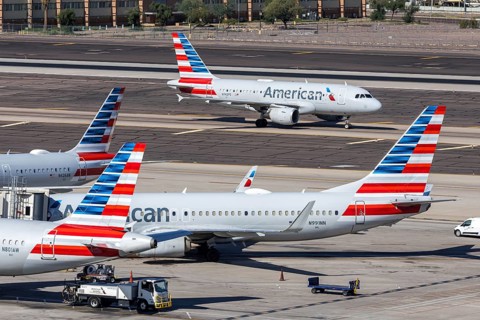 Boeing and Airbus American Airlines aircraft with license plate N742PS at Phoenix airport, USA