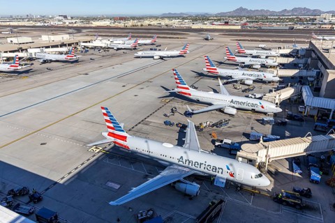 Boeing and Airbus American Airlines aircraft with license plate N604AW at Phoenix airport, USA