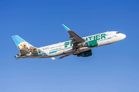 A Frontier Airlines Airbus A320 aircraft with the license plate N235FR at Phoenix airport, USA