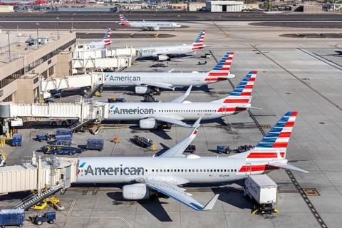 Boeing and Airbus American Airlines aircraft with license plate N829NN at Phoenix airport, USA