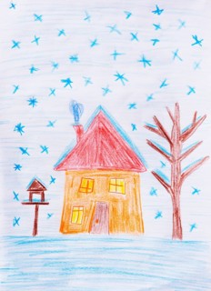 Naive illustration, winter, snowfall with snowy house