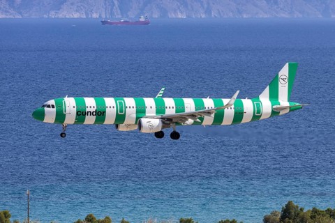 A Condor Airbus A321 aircraft with the D-AIAC license plate at Rhodes airport, Greece