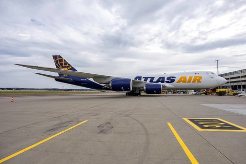 An Atlas Air Boeing 747-8F aircraft with the license plate N860GT at the airport in Stuttgart,