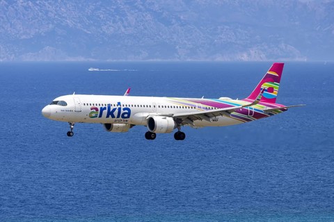An Arkia Israeli Airlines Airbus A321LR aircraft with the 4X-AGH license plate at Rhodes airport,