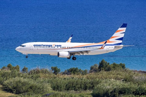 A Smartwings Boeing 737-800 aircraft with the license plate SP-TVZ at Rhodes airport, Greece