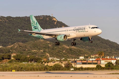 A Cyprus Airways Airbus A320 aircraft with the license plate 5B-DDQ at Rhodes airport, Greece