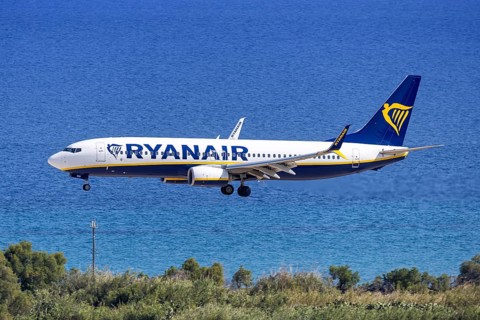A Ryanair Boeing 737-800 aircraft with the license plate SP-RSR at Rhodes airport, Greece