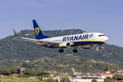A Ryanair Boeing 737-800 aircraft with the license plate EI-EBO at Rhodes airport, Greece