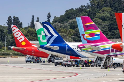 Airplanes tail units at Rhodes airport, Greece