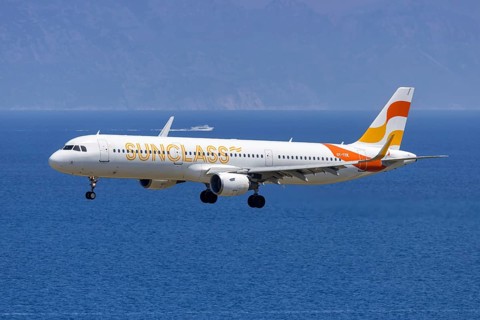 A Sunclass Airlines Airbus A321 aircraft with the license plate OY-TCE at Rhodes airport, Greece