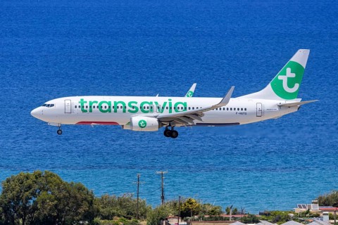 A Transavia France Boeing 737-800 aircraft with the license plate F-HUYQ at Rhodes airport, Greece