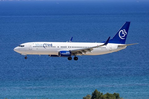 A Bluebird Airways Boeing 737-800 aircraft with the license plate 9H-KAR at Rhodes airport, Greece