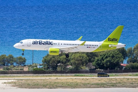An Airbus A220-300 Air Baltic aircraft with the license plate YL-ABS at Rhodes airport, Greece
