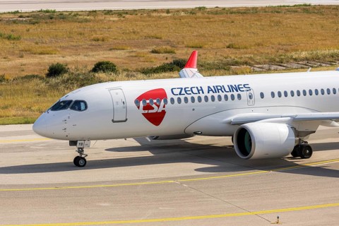 An Airbus A220-300 aircraft operated by CSA Czech Airlines with the license plate OK-EYB at Rhodes
