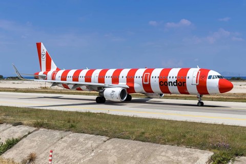A Condor Airbus A321 aircraft with license plate D-AIAB at Rhodes airport, Greece