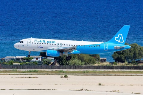 An Airbus A320 Fly Lili aircraft with the license plate YR-LIB at Rhodes airport, Greece