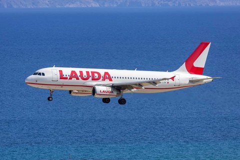A Lauda Europe Airbus A320 aircraft with the license plate 9H-LOM at Rhodes airport, Greece
