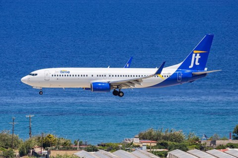 A Jettime Boeing 737-800 aircraft with the license plate OY-JZP at Rhodes airport, Greece