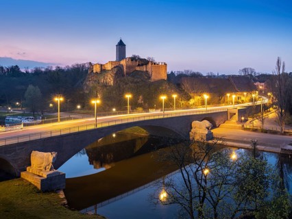 Ruins of Giebichenstein Castle and Giebichenstein Bridge over the Saale River at Dawn, Halle an der