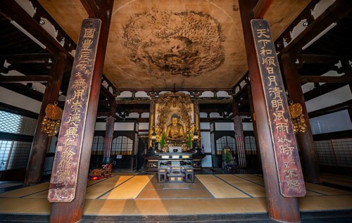 Interior view, golden Buddha figure and ceiling painting with dragon figure, Amidado, Buddhist