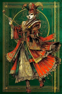 Modern representation of tarot card The Harlequin symbolizing duality, transformation, wit,