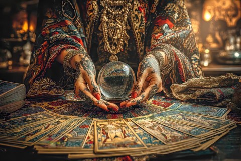 Surreal Woman Fortune Teller with crystal ball and tarot cards symbolizing future, prediction, AI