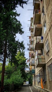 Residential building with balconies on a tree-lined street, Tbilisi, Georgia
