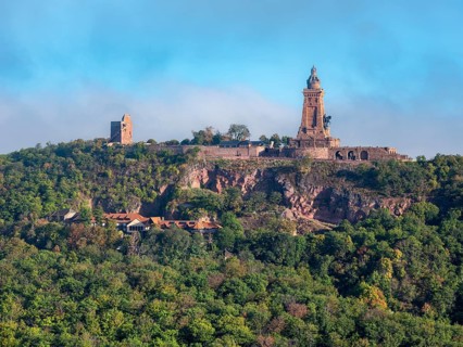 View of the Kyffhäuser Monument and the Kyffhausen Imperial Castle, near Bad Frankenhausen,
