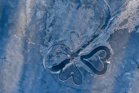 Lake, frozen, ice, heart, art, hoarfrost, cold, winter, sunny, aerial view, Riegsee, Murnau,