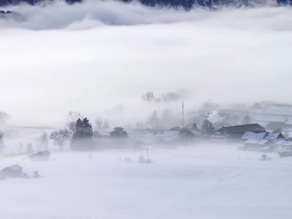 Village, houses, farms, maypole, fog, high fog, winter, cold, snow, Schlehdorf, Alpine foothills,