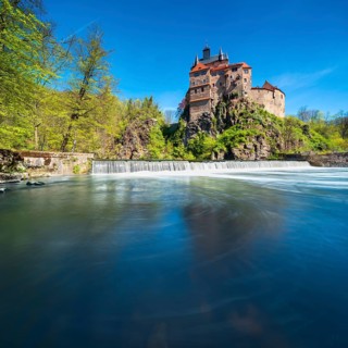 Kriebstein Castle near Mittweida across the Zschopau River with weir, Kriebstein, Saxony, Germany