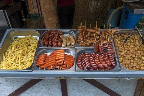 Typical Ukrainian sausage specialties at fast food, Lviv, Ukraine