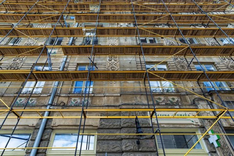 Scaffolding on a residential building, 19th century, for façade restoration, Lemberg, Ukraine