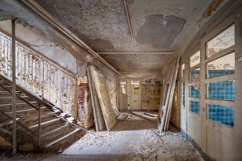 Staircase of a former sanatorium, Lost Place, Thuringia, Germany