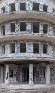 Dilapidated façade full of graffiti in a former FDGB holiday home, Lost Place, Saxony-Anhalt,