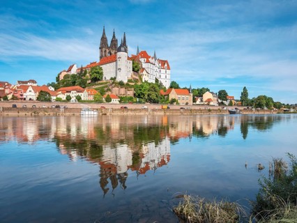 castle hill with cathedral and Albrechtsburg is reflected in the river Elbe, Meissen, Saxony,