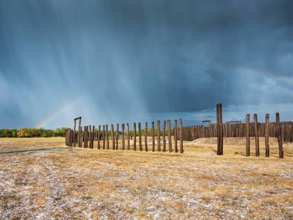Hail showers and rainbows over the circular moat of Pömmelte, ritual site from the 3rd millennium