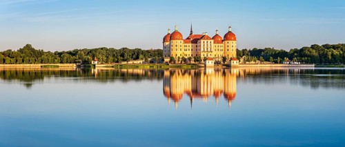 Panorama, Moritzburg Castle, Augusts the Strong hunting lodge in morning light, water reflection in