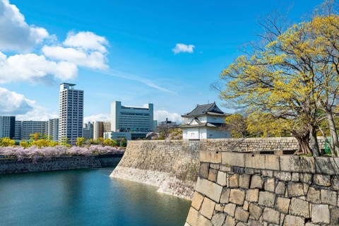 Osaka Castle Wall Watch Tower, Moat Park with Water, Skyscrapers in the Back, Chuo-ku, Osaka, Japan