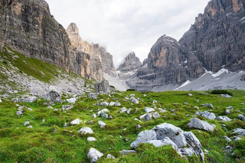 Cliffs and pinnacles in fog, Brenta Mountains, Brenta-Adamello Natural Park, Trentino, Italy