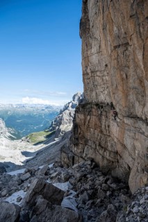 Mountaineers on the Bocchette Centrale band trail, via ferrata in the Brenta Mountains,