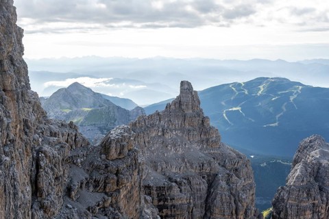View from the Bocchette Centrale band trail, via ferrata in the Brenta Mountains, Brenta-Adamello