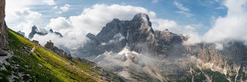 Alpine panorama, fog and Torre Di Brentai and Cima Tosa, rocky mountain peaks and mountain