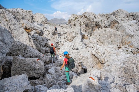 Climbers on a hiking trail, rocky mountain landscape, Via Ferrata SOSAT via ferrata, Brenta