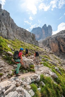 Climbers on a hiking trail, rocky mountain landscape, Via Ferrata SOSAT via ferrata, Brenta