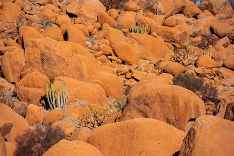 Cluster of bright orange rocks in the barren landscape of Spitzkoppe, Spitzkoppe, Namibia
