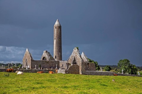 Kilmacduagh / Cill Mhic Dhuach monastery, ruined abbey and cathedral, 12th century round tower and