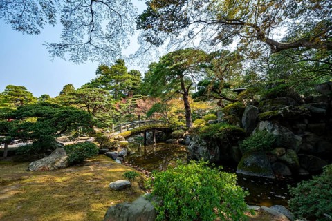 Gonaitei Garden with Dobashi Bridge over a pond, Japanese Garden, Kyoto Imperial Palace, Kyoto,