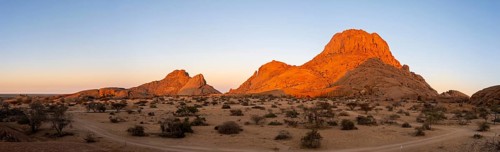 Wide panoramic view of the rock formations of Spitzkoppe in the Namibian desert, Spitzkoppe,