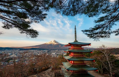 Five-story pagoda of a Shinto Shrine, Chureito Pagoda, with views of Fujiyoshida City and Mount